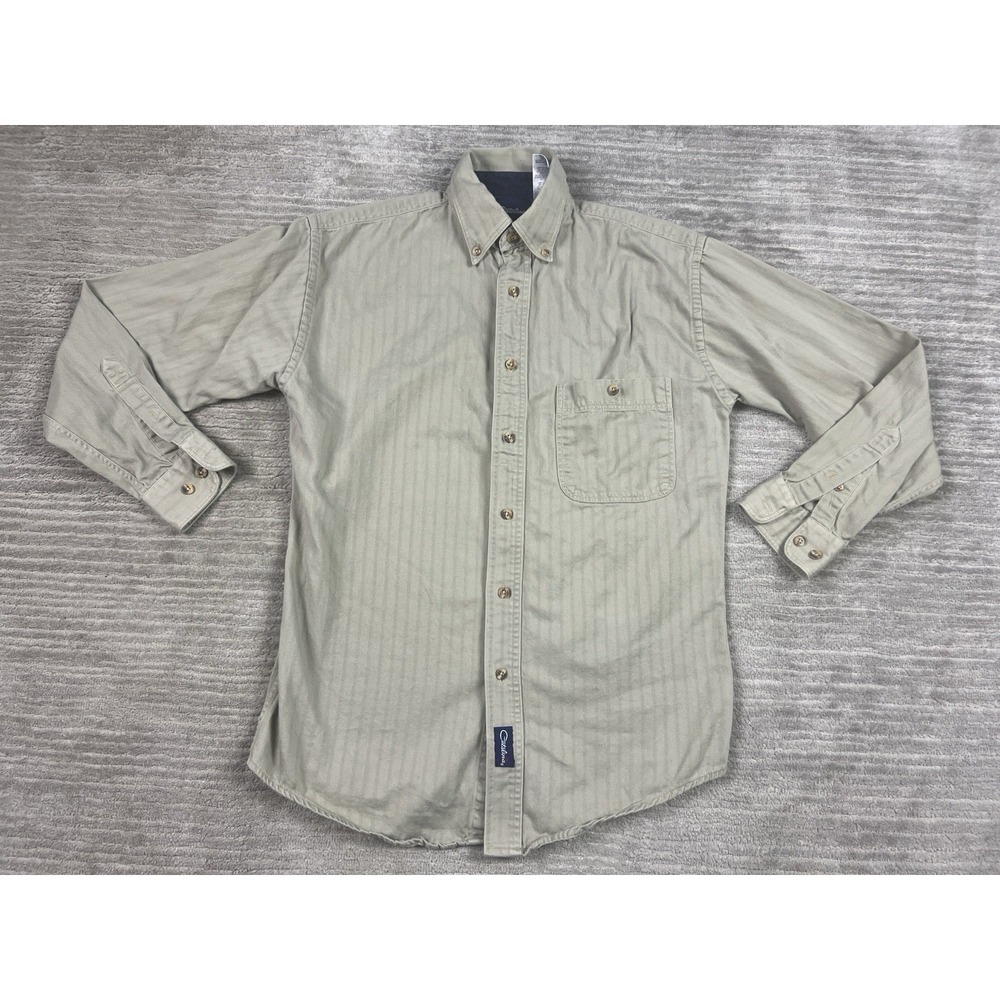 Catalina Button Down Shirt Mens Small Beige Tan Khaki Striped Longsleeve Casual